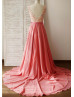 Coral Lace Chiffon Pearls Embellished Charming Prom Dress